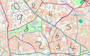 Torta fatiada a mão de Peckham, Londres. Este é um antigo mapa de fundo sem nomes(en) de antigamente, quando ainda tínhamos muitos nomes de ruas Londrinas a levantar