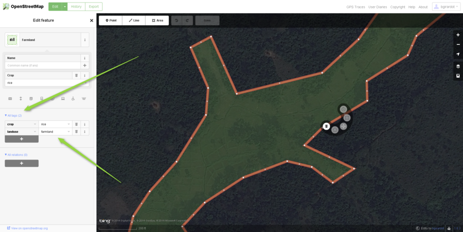 This is the same area as above, but zoomed in and having been outlined for mapping with the iD web browser editor. Please note the "All tags" area on the left has the suggested tags for this type of agriculture. These are rice paddies and the key features to help you identify them are: 1. Large squares or irregular rectangles with earthen/vegitated dividers. 2. A central water canal with fields usually on each side. 3. Often in a wet or low land flood plain area. This should be tagged with landuse=farmland. Optionally, you can add the crop=rice tag.