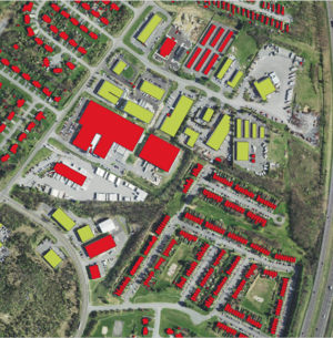 Urban region within the Winchester beltway of I-81 and VA-37. Mix of industrial and row homes. We see that OSM only has major industrial centers mapped, no one has traced the individual buildings. In most cases, the VGIN dataset is of high enough quality that it creates distinct polygons for individual residences in a unified townhome/row house building