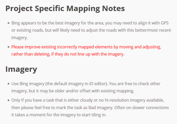 Concrete instructions as to which aerial images (satellite or, for example, provided drone images) to use and what to map (buildings, water, schools, etc.)