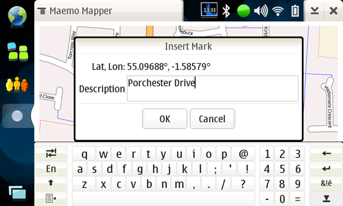 Nokia N800 OS2008 running Maemo mapper showing Insert Mark to survey in the field.