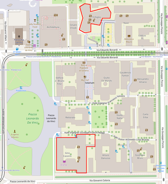 A sector of Politecnico di Milano with building 3 and Building Trifoglio highlighted