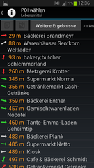 Umliegende POIs suchen, Öffnungszeiten auf einen Blick (rote/grüne/graue Pfeile)