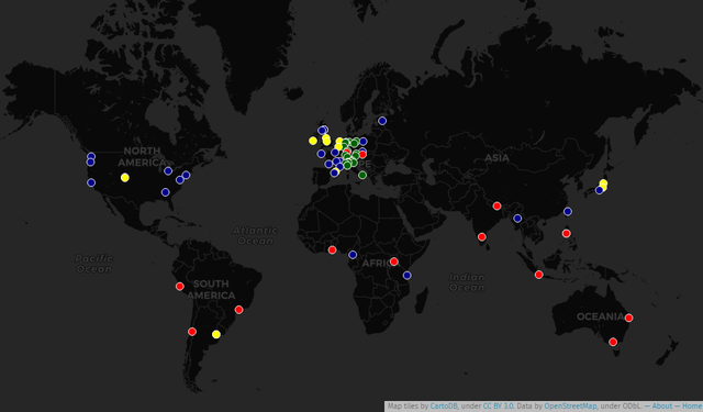 World map of State of the Map conferences since 2007.