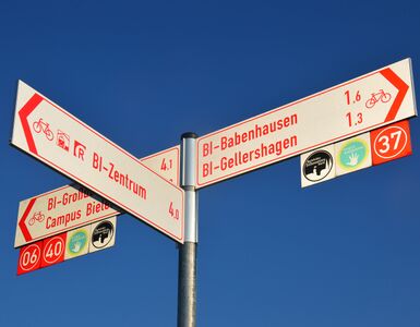 Destination guideposts of the basic network with symbol inserts of a node network and of themed cycle routes / Zielwegweiser des Grundnetzes mit Symboleinschüben eines Knotenpunktnetzwerks und von Themenradrouten