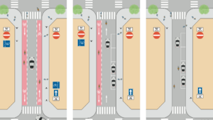 Three pictures exemplifying different types of accommodation for cyclists in one-way streets.