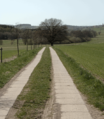 Long, narrow concrete elements for a two-tracked vehicle. May be made using concrete paving stones surface=concrete:lanes