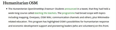 The Humanitarian OpenStreetMap Erasmus+ Students announced in a tweet, that they had held a week-long course called teaching the teachers. The programme had broad scope with topics including mapping, Overpass, OSM Wiki, communication channels and others, plus Wikimedia-related education. This program has highlighted OSM’s possibilities for humanitarian response and economic development support and pioneering leaders (who are volunteers) on this front. weeklyOSM #433