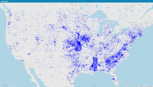 Map from Mapshaper showing locations from the U.S. National Inventory of Dams not represented in OpenStreetMap