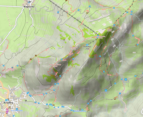 Carte 4UMaps avec courbes de niveau, ombres de relief et tags de traces