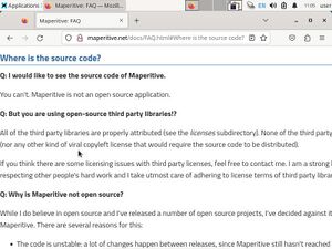 Screenshot of the Firefox application viewing the page "maperitivenet/docs/FAQ.html#Where is the source code?". 3 questions & answers are visible. The first question is "Q: I would like to see the source code of Maperitive.". It has answer "A: You can't. Maperitive is not an open source application."