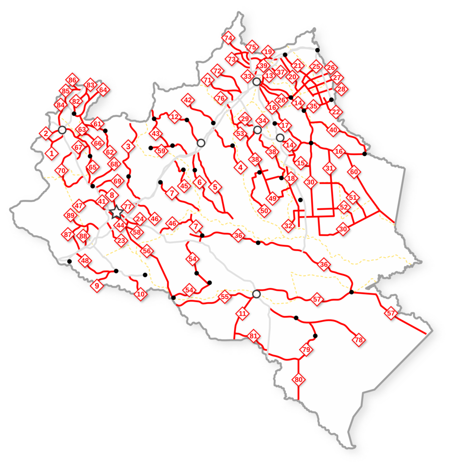 Distribuición de carreteras Ramales en el Estado Portuguesa