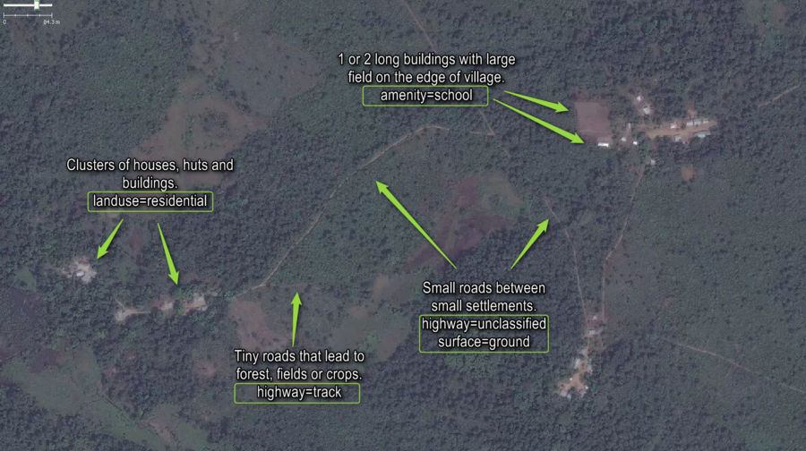 Typical small villages connected by roads in West Africa with notes indicating correct OSM tags