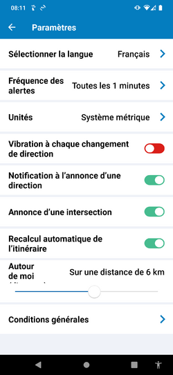 écran : paramètres de l'application