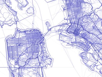 screenshot of an artistic map of San Francisco showing all lines (in lilac colour) which ever existed in our OSM data