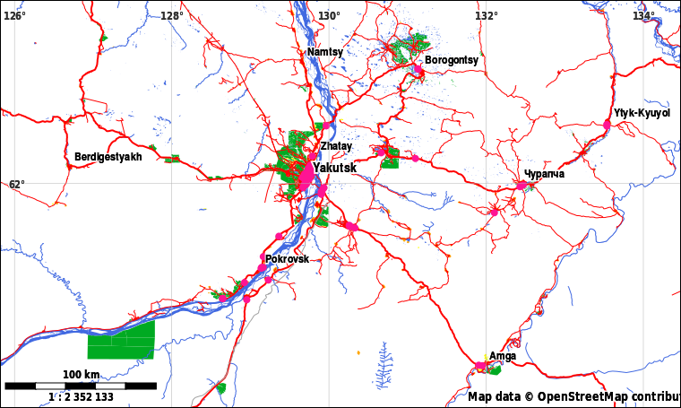 Example of the DesertMap Rules (first version) near Yakutsk, osm data renderes with maperitive