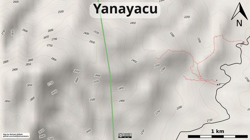 Image shows a topographical map of a mountainous area. The title reads &quot;Yanayacu&quot;. The elevation ranges from 2,100 to 2,900. The bottom-left has a small font that reads "Map by Michael Altfield / github.com/maltfield/yanayacu"