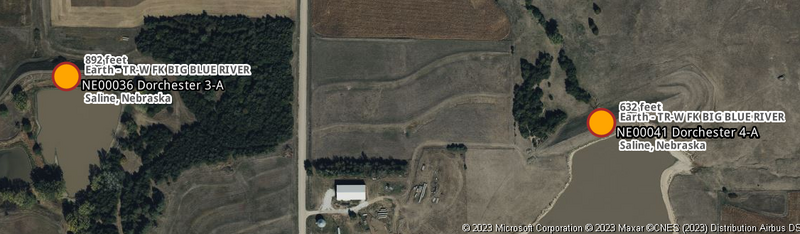 Orange dots representing two dams in Nebraska