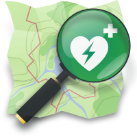 OSM magnifying glass with the ISO 7010 E010 AED icon in focus of the glass.