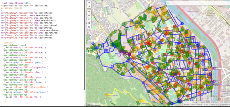 Requêtes Overpass Turbo voiries (+ parkings et garages) pour la commune de Fontaine 38600