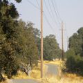 Simple wooden poles carrying 60 kV and 12 kV 60 Hz circuits and two ground wires.