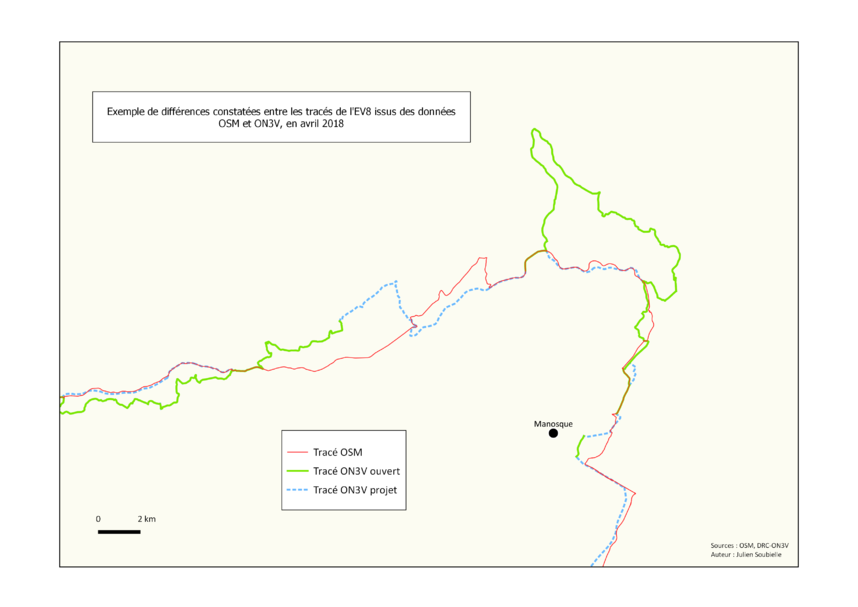 Carte des différences entre les tracés OSM et les tracés ON3V